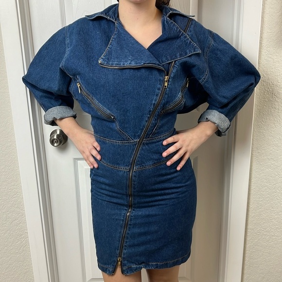 Vintage 90s Y2K Denim Zipper Motorcycle Dress - Picture 1 of 15